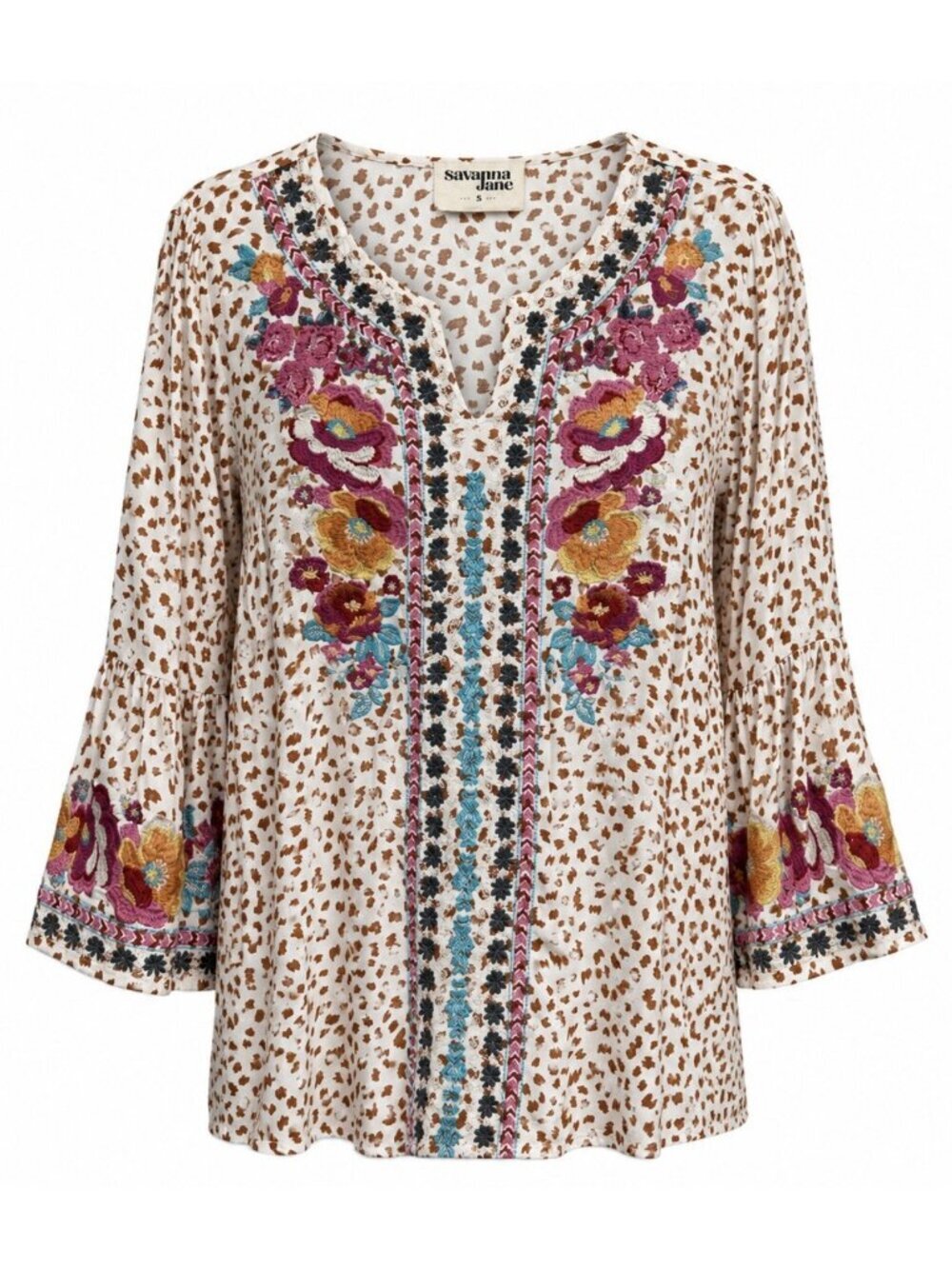 Savanna Jane Floral Embroidered Blouse Shirt Small Bell Sleeve Boho Hippie